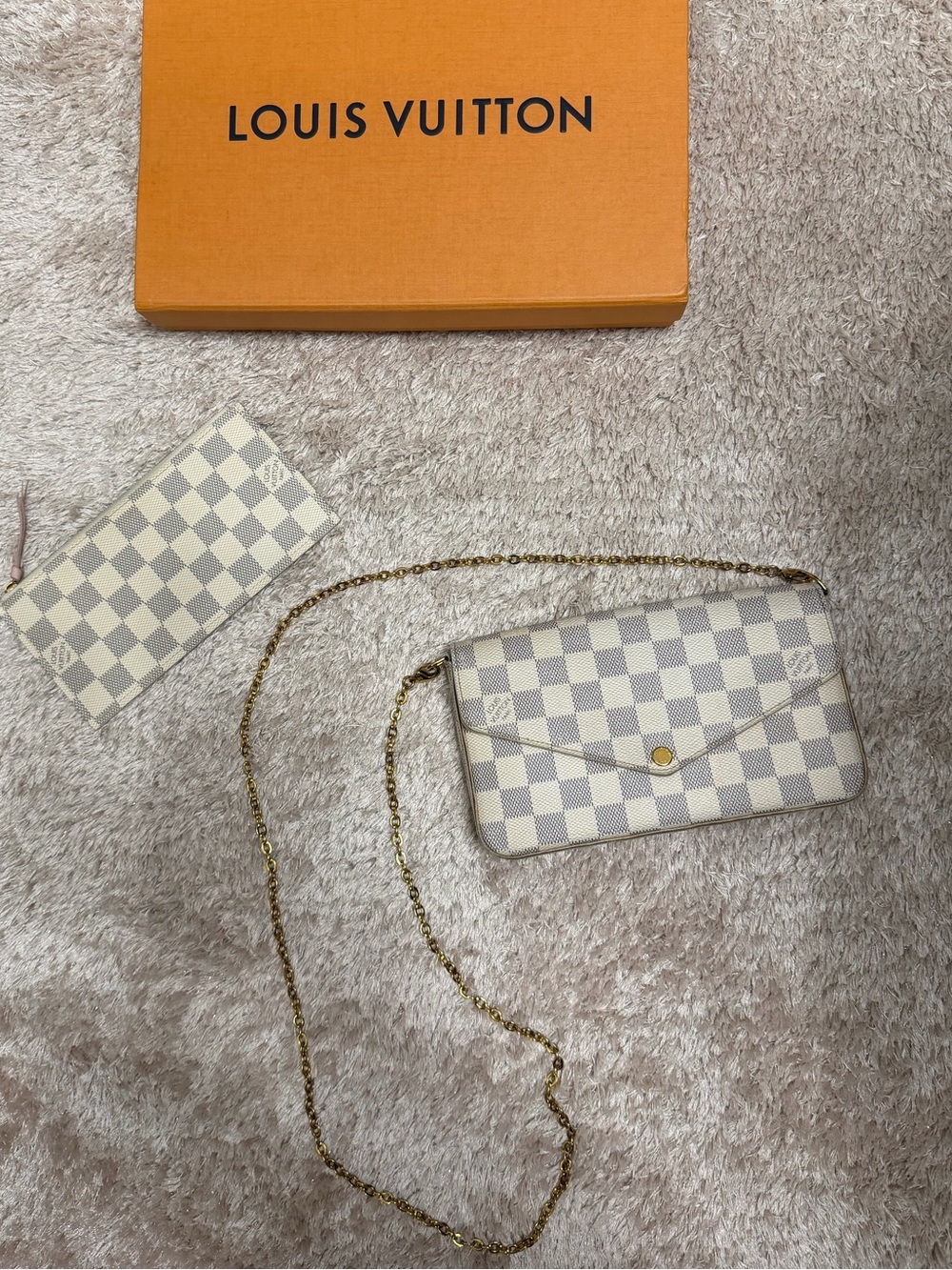 Louis Vuitton Damier Azur Crossbody Mini Pochette | Gold Chain and Organizer Bag